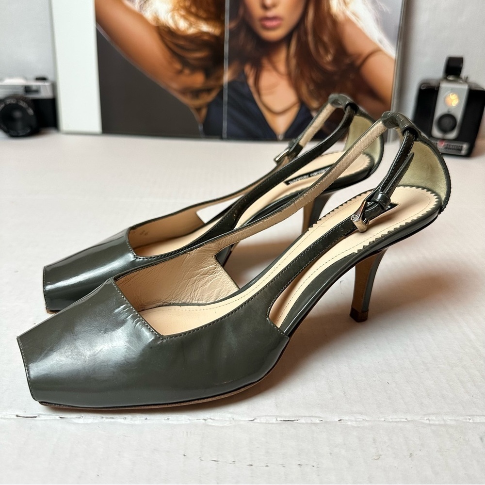 Vintage 90s Giorgio Armani Slingback Heels | Olive Leather Quiet Luxury Pumps